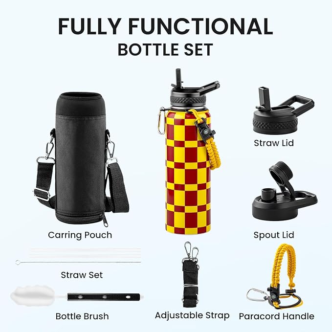 RAYMYLO Insulated Water Bottle 40 oz, Triple Wall Vacuum Stainless Steel | (Cold for 36Hrs, Hot for 18Hrs), Leak Proof & Non-BPA, Modern Water Flask Jug with Paracord Handle & Straw Spout Lids