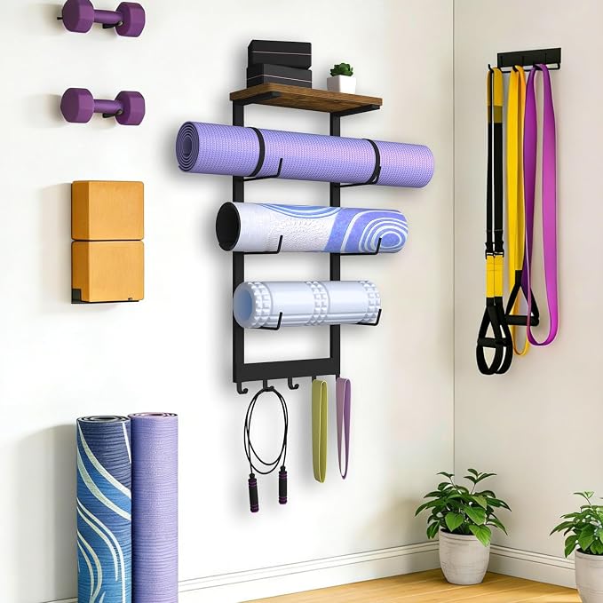 Yoga Mat Holder Wall Mount, 4-Tiers Yoga Mats Storage Shelf Rack | Home Gym Wall Organizer Holder with Wood Floating Shelf and 5 Hooks, Storage Rack for Foam Roller/Band/Workout Equipment