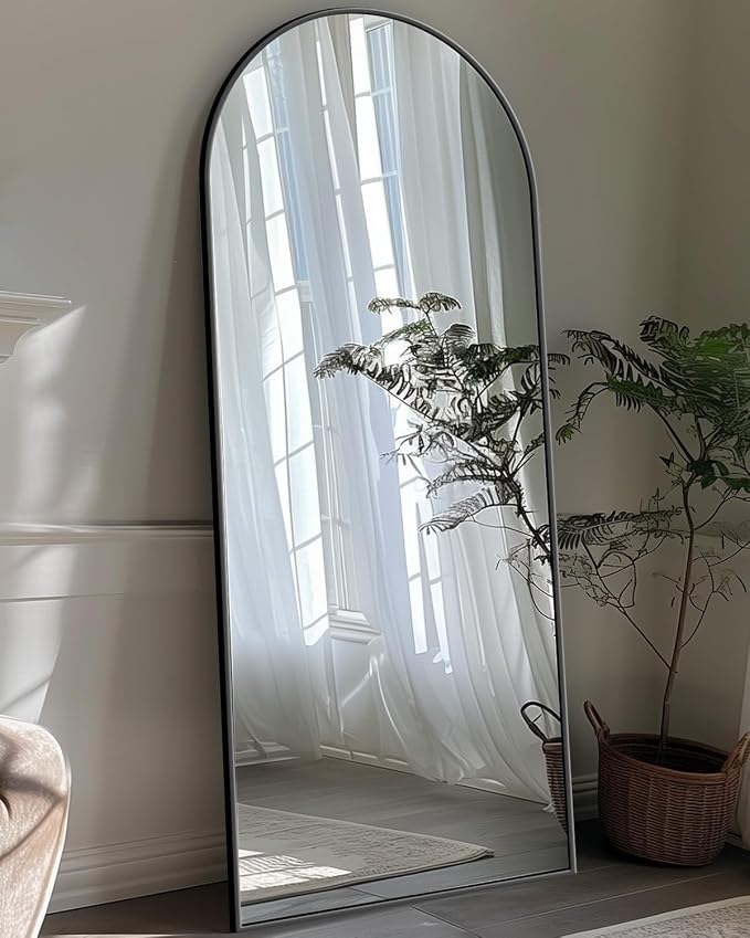 Antok Full Length Mirror, 59"x18.1" Floor Mirror with Stand, Hanging Mounted Mirrors for Bedroom, Living Room, Cloakroom, Dining Room, Black, Arched