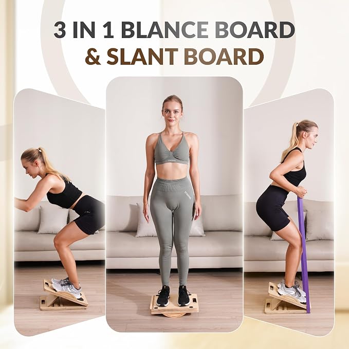 2 in 1 Balance Board & Slant Board for Calf Stretching - Adjustable Incline Board, 300lbs Capacity, Physical Therapy Equipment with Exercise Poster for Legs, Knees, Ankles, Heels