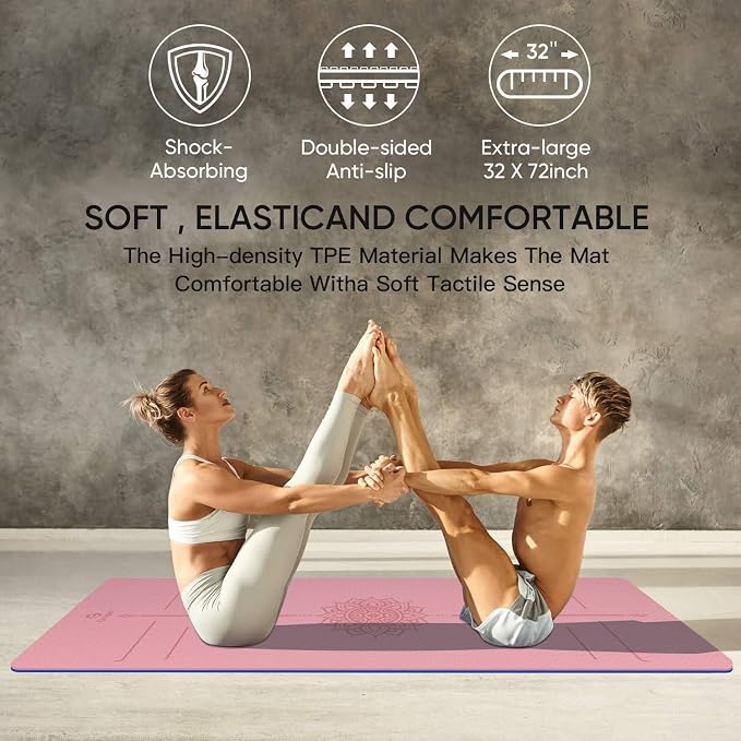 Gruper Yoga Mat Non Slip TPE Extra Wide Yoga Mat with Alignment Mark, 72"L x 32"W x 0.32"/0.24"Th (183cm x 80cm x 8mm/6mm), Anti-Tear Exercise Mat with Carrying Strap and Bag, Workout Mats for Yoga, Pilates
