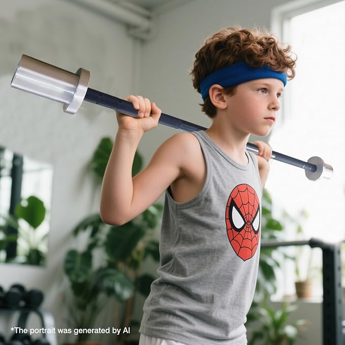 4FT 5LB Aluminum Kids Barbell, 70LB Capacity | Youth training bar with 22mm knurled grip, bearings, brass bushings, and 2-inch Olympic plate compatibility