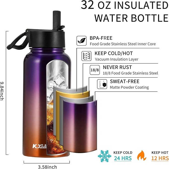 KXIAOCHEN Insulated Water Bottle with Strap, 48-Hour Cold, 2 Lids | Triple-wall insulation, lead-free 18/8 Stainless steel, paracord handle, carabiner clip, for gym, hiking, camping and travel