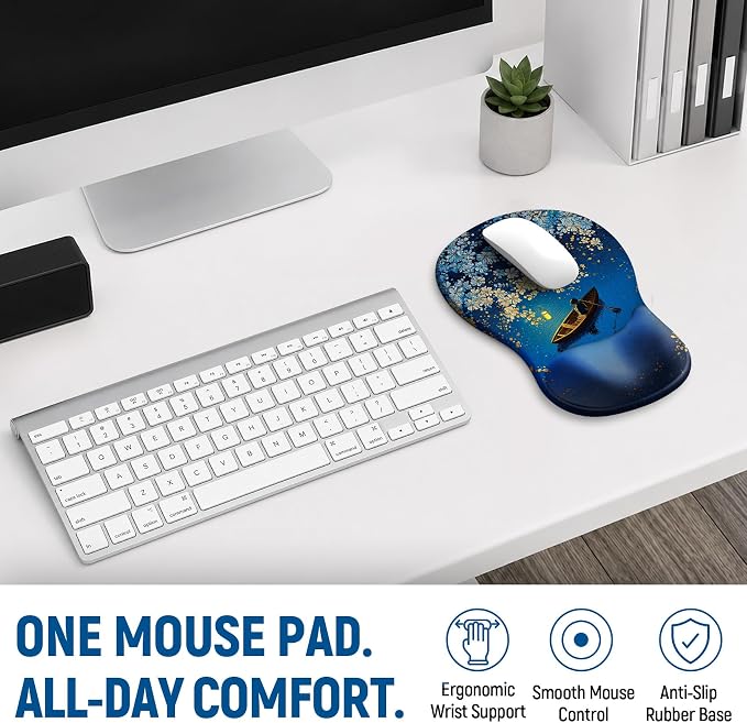 Ergonomic Mouse Pad with Wrist Rest, Gel Wrist Support, MoonRide | 10.2 x 7.6 in Mouse Pad with Smooth Fabric Surface and Non-Slip Rubber Base for Office, Home, Study, and Gaming