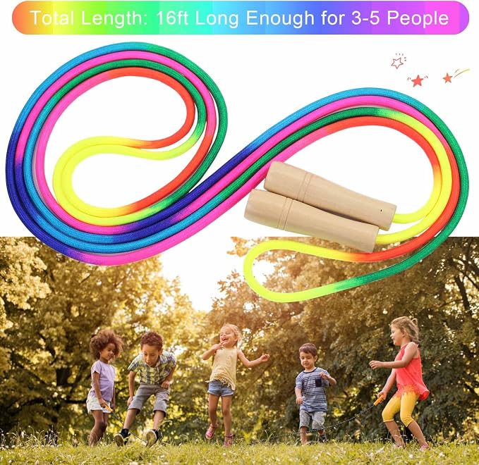 16 FT Long Jump Rope for Kids, Adjustable Double Dutch Skipping Rope with Wooden Handle, Multiplayer Team Jumping Rope for Outdoor Fun, School Sport, Party Game, Birthday Gift