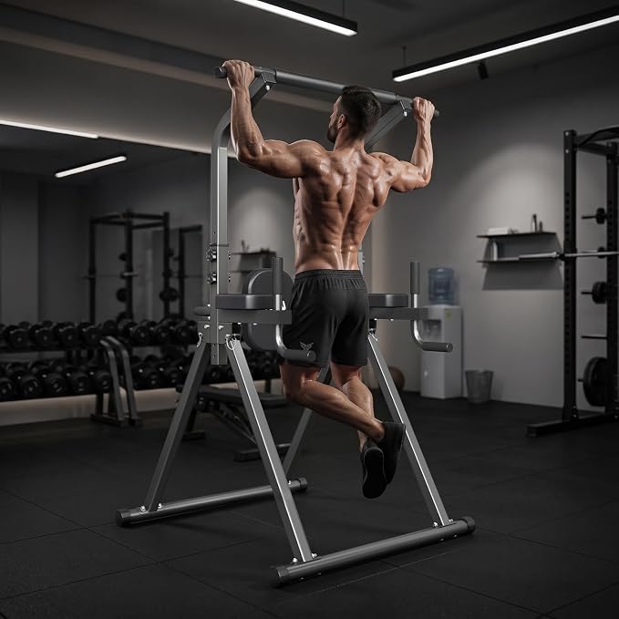 YYJO Foldable Pull Up Bar Free Standing Multi-function Power Tower Dip Bar with Assistance Bands Home Gym Strength Training Equipment