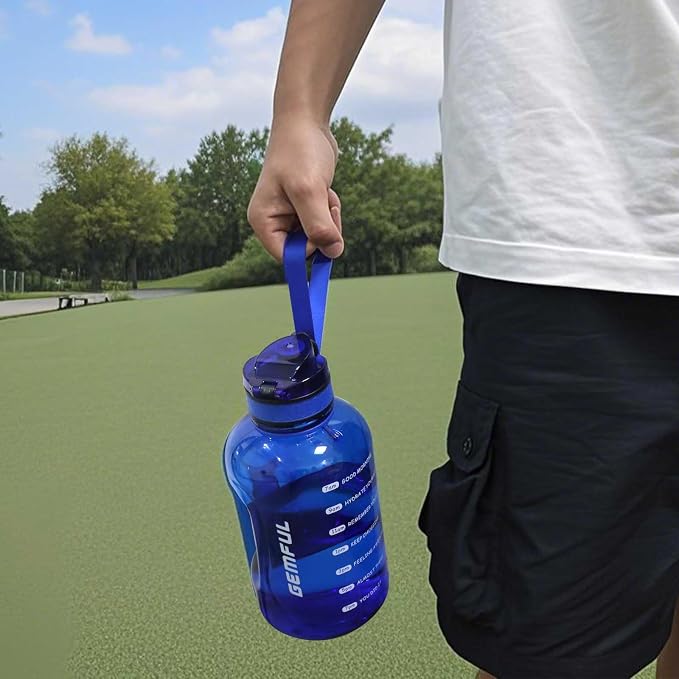 GEMFUL 2L Water Bottle with Handle 64oz Large Jug Leak-Proof (Royal Blue) | BPA-Free, 64oz Capacity, Time Marker, Chug Lid, for Gym, Fitness, Hiking, Sport, Camping, Office, Home, Wide Mouth