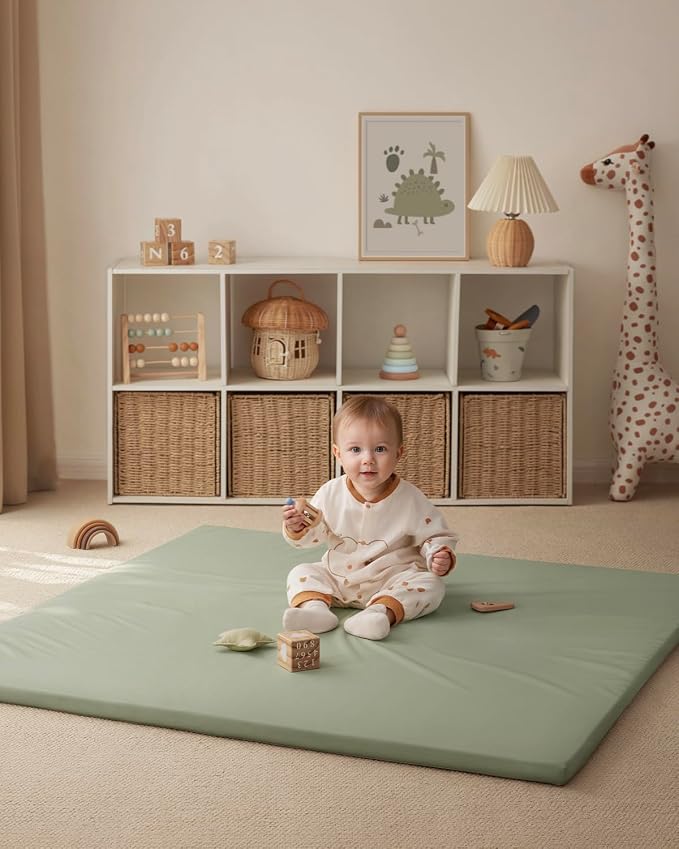 Blissful Diary Vegan Leather Baby Play Mat, 50''x50'', Light Green | thick cushion, safe and soft fabric, waterproof and wip clean, indoor use, non-slip bottom, stylish mordern decor