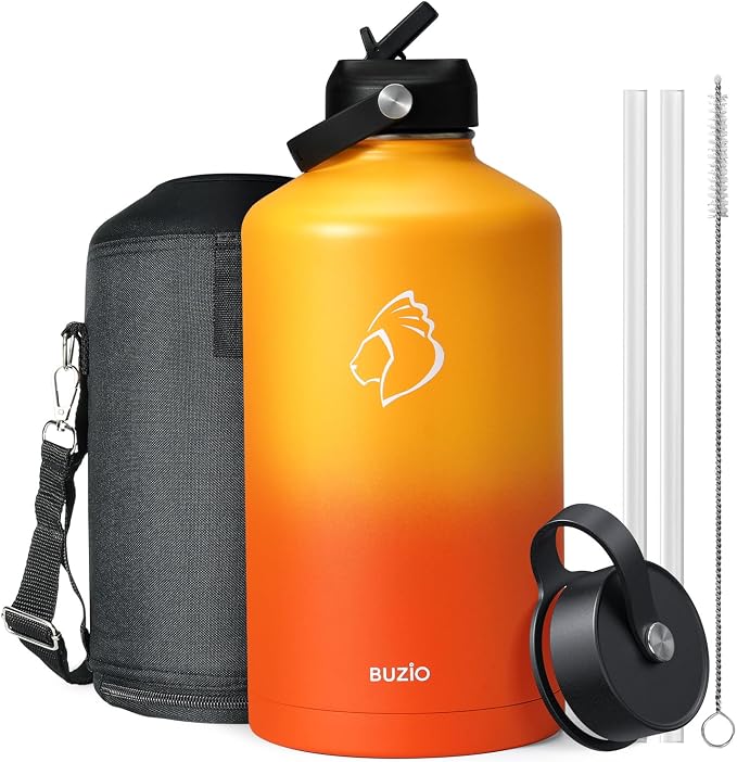 BUZIO 1 Gallon Water Bottle Insulated with Dust-proof Straw & Spout Lids | 128 oz Large Water Jug 18/8 Stainless Steel Triple Wall (Keep Cold 48Hrs/Hot 24 Hrs), Dishwasher Safe, Sweat-Proof, Black