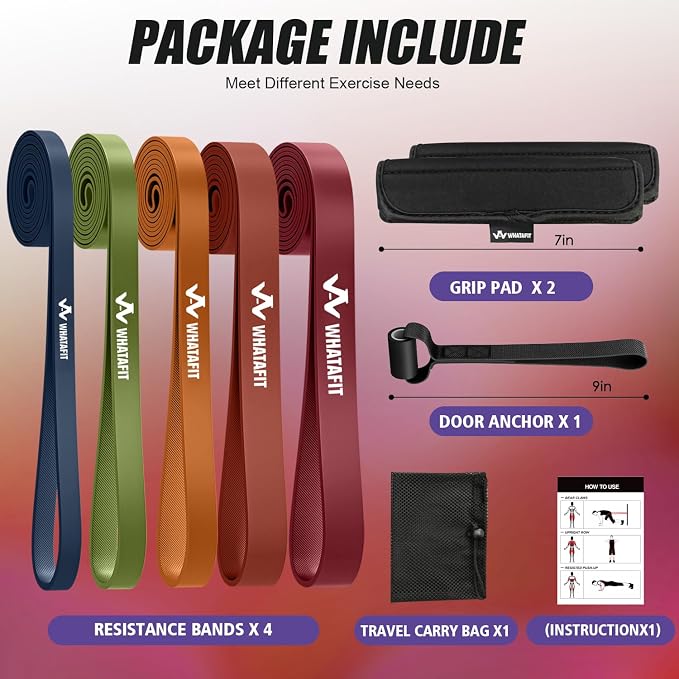 WHATAFIT Resistance Bands, Pull Up Assist Bands with Handles, Door Anchor | Natural Latex Rubber, Progressive Tension, Exercise Loop for Full-Body Fitness, Portable Gym Bag, Warm-Up & Stretch