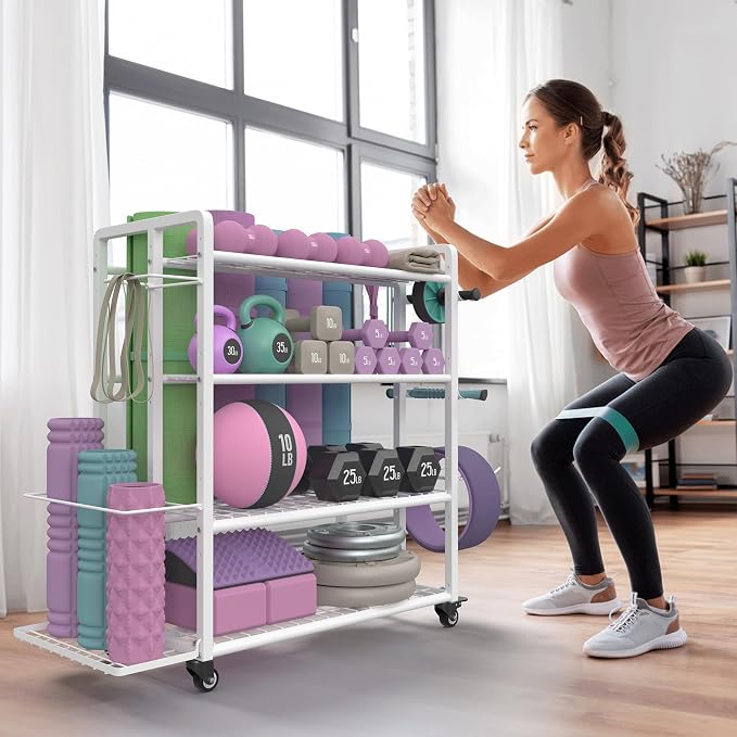 4-Tier Weight Rack for Home Gym with Wheels and Hooks | Adjustable Gym Storage Rack for Dumbbells Kettlebells Yoga Mat, All-in-One, Space Saving, Heavy Duty Steel, Easy to Assemble
