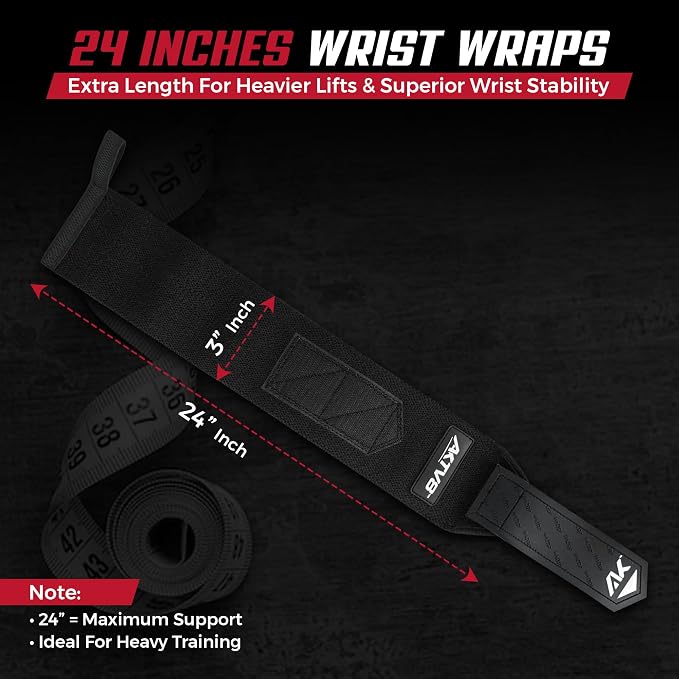AKTV8 Wrist Wraps for Weightlifting, 18"&24" Heavy Duty Stiff Wrist Support | 3inch Wide Firm Elastic, Reinforced Thumb Loop, Built for Heavy Bench Press, Overhead Press, Powerlifting & Strength Training