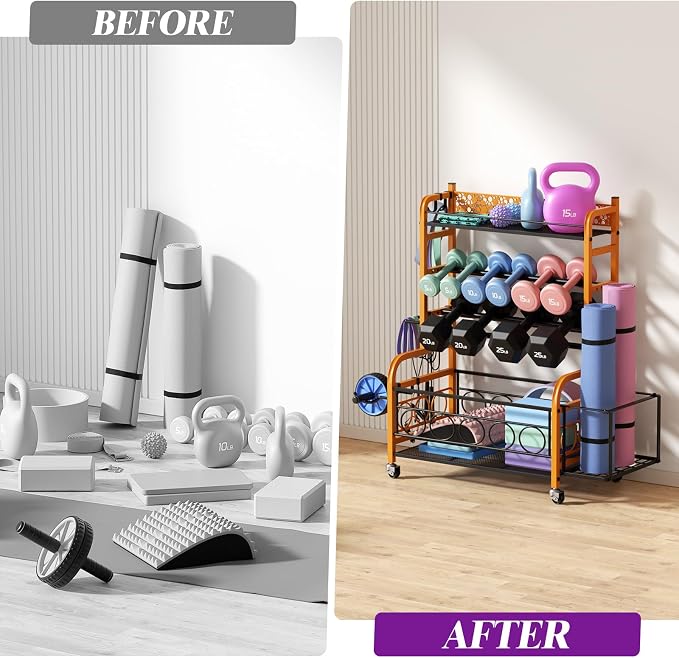 VOPEAK 3-Tier Dumbbell Rack with Wheels, Weight Rack for Home Gym Storage | Stores dumbbells, kettlebells & yoga mats. Lockable wheels for mobility. Sturdy steel frame, easy 15-min assembly