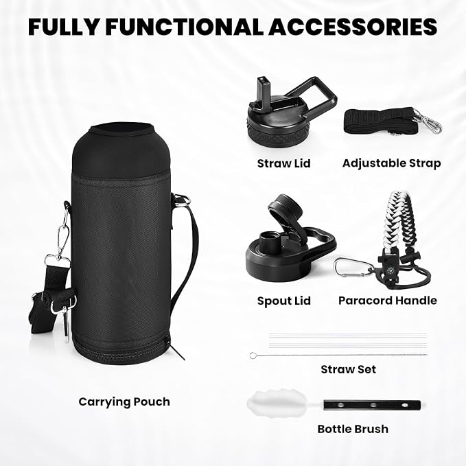 RAYMYLO Insulated Water Bottle 40 oz, Triple Wall Vacuum Stainless Steel | (Cold for 36Hrs, Hot for 18Hrs), Leak Proof & Non-BPA, Modern Water Flask Jug with Paracord Handle & Straw Spout Lids