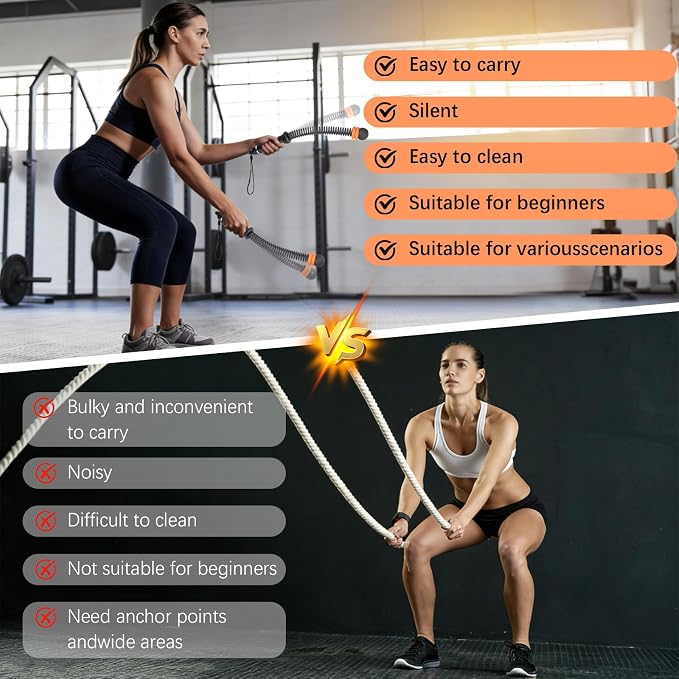 Portable Ropeless Battle Ropes, Adjustable Weights Cordless Battle Ropes. | Adjustable Weights,Cordless,With Storage Bag and Training Poster, Workout Rope for Strength, HIIT and Low-Impact Training
