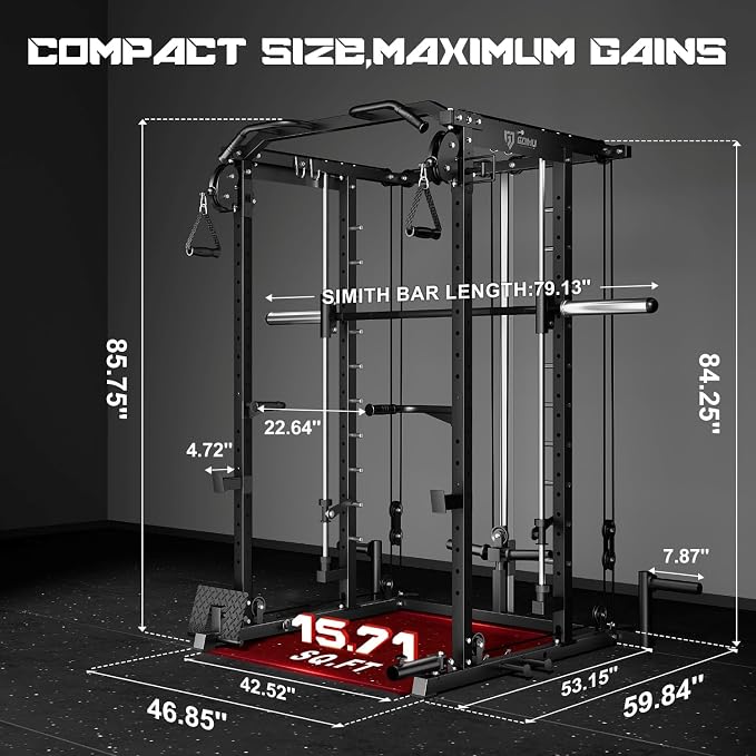 S1-V4 Smith Machine, 2000LBS Power Cage with Cable Crossover System, All-in-One Squat Rack with Smith Bar, Strength Training Equipment for Home Gym
