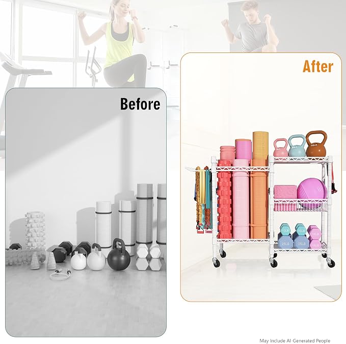 FUTASSI Home Gym Storage, 3 Tiers Workout Equipment Organizer with Wheels for Yoga Mats, Foam Roller, Dumbbells, Kettlebells, and Resistance Bands