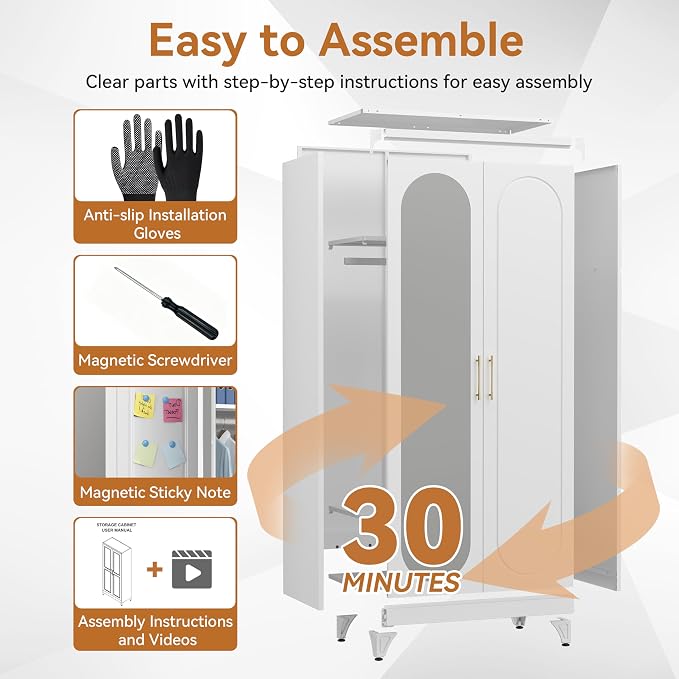Polup Metal Armoire Wardrobe Closet with Mirror, Clothing Storage Cabinet | 71" Heavy Duty Steel Wardrobe Cabinet with Hanging Rod & Adjustable Shelves for Bedroom, Office, Clothes Organizer, White