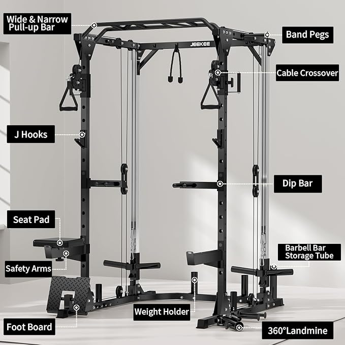 JEEKEE Power Cage with Cable Crossover System, 2000LB Multi-Function Power Rack with Independent Dual Pulleys, LAT Pulldown Seat Cushion, 20+ Attachments Squat Rack for Home Gym Workout,Black