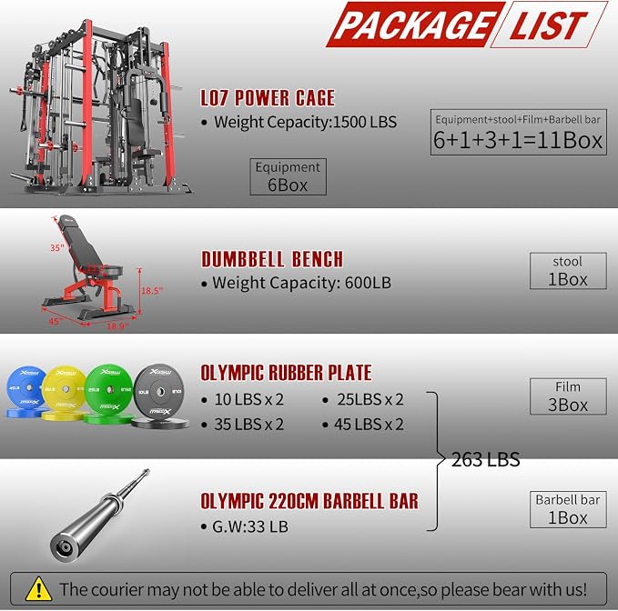 Smith Machine,Multi-Function Squat Rack Power Cage with Cable Crossover System,with Optional Weight Bench, Olympic Barbell Weight Set, for Home Gym