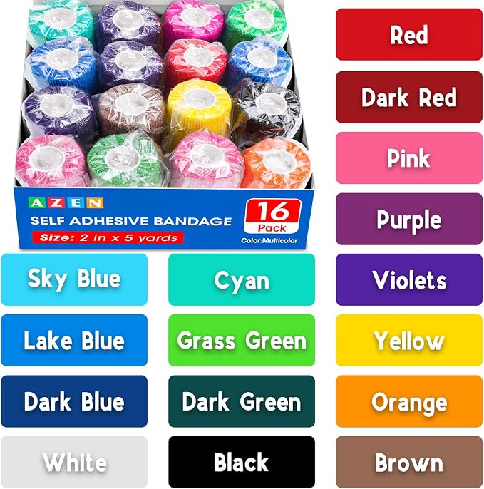 AZEN 16 Pack Self Adhesive Bandage Wrap, 2" X 5 Yards Elastic Cohesive Bandage Wrap, Color Athletic Tape, Vet Wrap, Ankle Tape