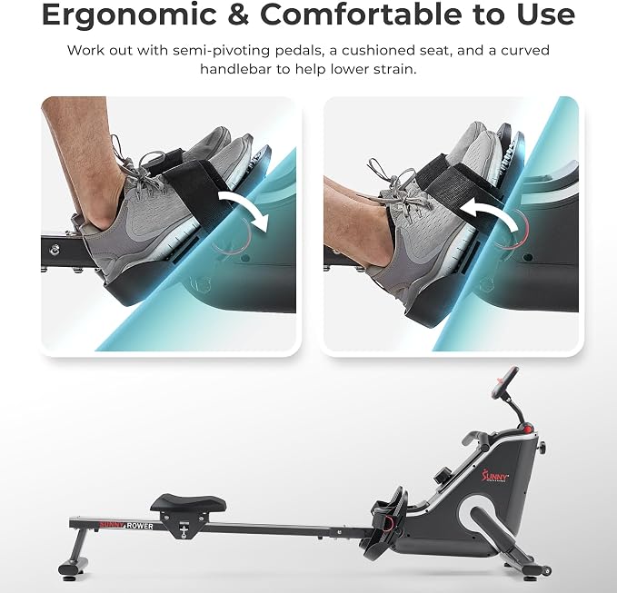 Sunny Health & Fitness Smart Flippable Magnetic Rower, 50 Inches Quiet & Smooth Stainless Steel Slide Rail, Full-Body Low-Impact Exercise Rowing Machine For Home, Free SunnyFit Training APP Connection