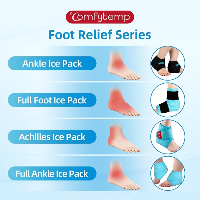 Comfytemp Ankle Ice Pack Wrap for Sprained Ankles, Plantar Fasciitis, 2pcs | FSA Eligible HSA, Foot Pain Relief, Reusable Gel Ice Hot Cold Compress Brace for Achilles Tendonitis, Injury, Swelling, Black