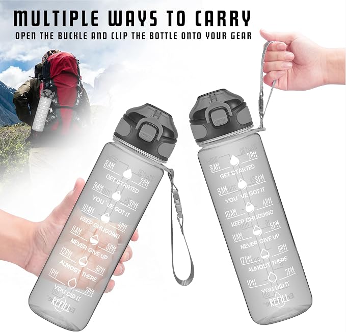 Enerbone 32 oz Water Bottle with Times to Drink and Straw, Motivational Drinking Water Bottles with Carrying Strap, Leakproof BPA & Toxic Free, Ensure You Drink Enough Water for Fitness Gym Outdoor