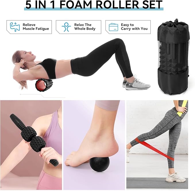 5 in 1 Foam Roller Set, High Density Patented Exercise Roller | Deep Tissue Massage Roller Stick, Massage Ball, Resistance Band for Pilates, Yoga, Whole Body Fitness Exercise, Black
