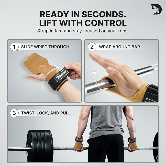 DMoose Fitness Weight Lifting Hooks (Pair) for Deadlifts, Pull Ups, Rows & Shrugs - Anti-Rip Nylon Strap Hand Grips with Thick Wrist Padding - Heavy Duty Wrist Straps for Weightlifting & Gym Workouts