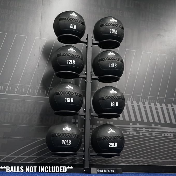Gronk Fitness Wall Ball Rack | Vertical Gym Ball Storage Stand | Heavy-duty steel rack | Holds 8 wall, slam or soft medicine balls | Compact gym ball holder stand