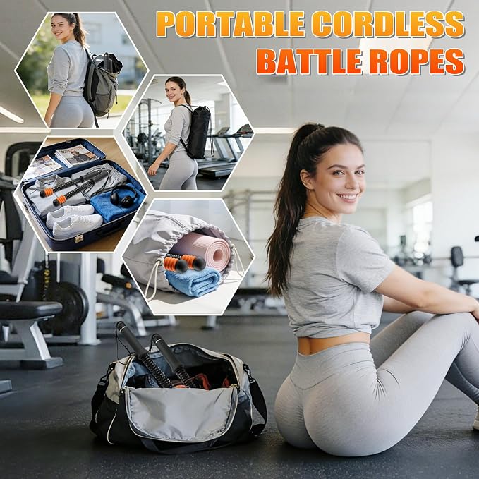 Cordless Battle Ropes Adjustable Weighted with 8 Removable Weight Rings | Portable, Ropeless, Storage bag, non-slip handle, for Home Gym, HIIT, Functional & Full Body Workout for Women and Men