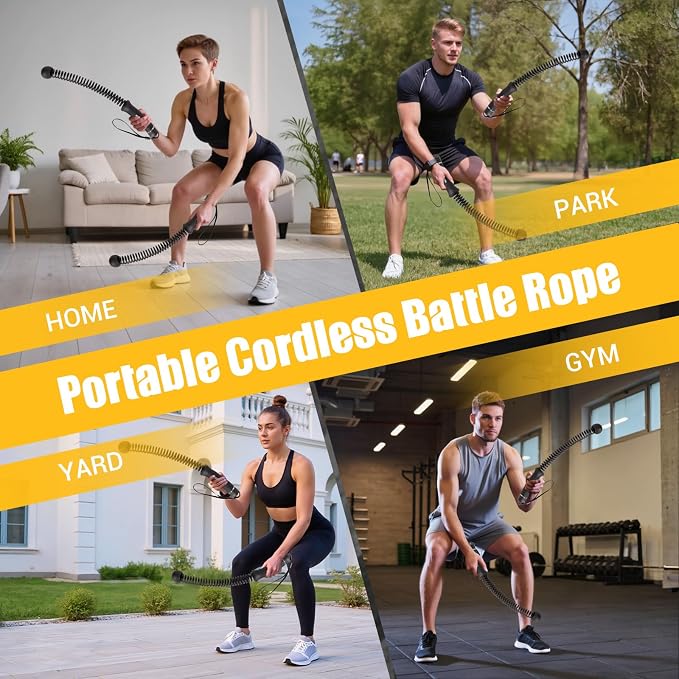Ropeless Battle Rope for Home Gym with Non-Slip Handle for Wrist Protection | Upgraded Heavy Duty Portable Cordless Battle Ropes with Poster, Exercise Rope for HIIT and Low-Impact Aerobic Training