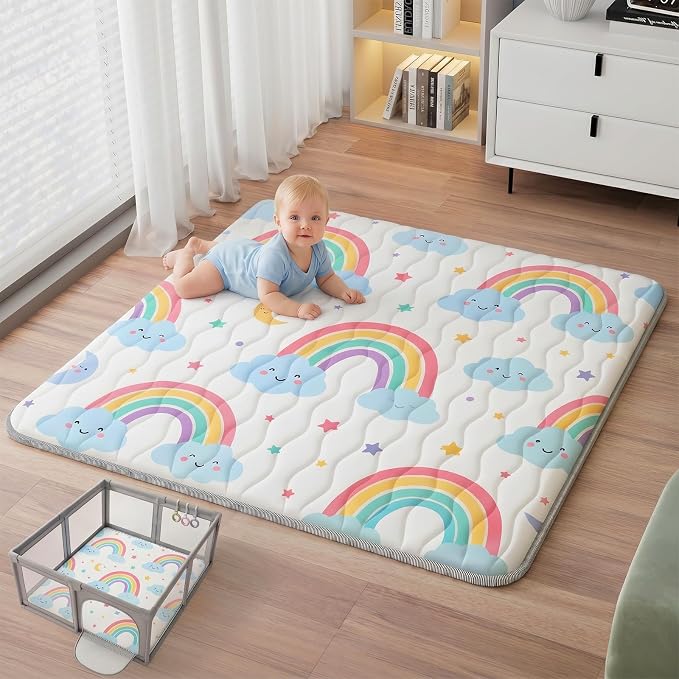 Baby Play Mat, 50x50 Thickened Playpen Mat, Waterproof & Non-Slip, Foldable Play Mat for Floor, Machine Washable Crawling Mats for Infants & Toddlers, Floor Activity and Playing & Learning, Rainbow
