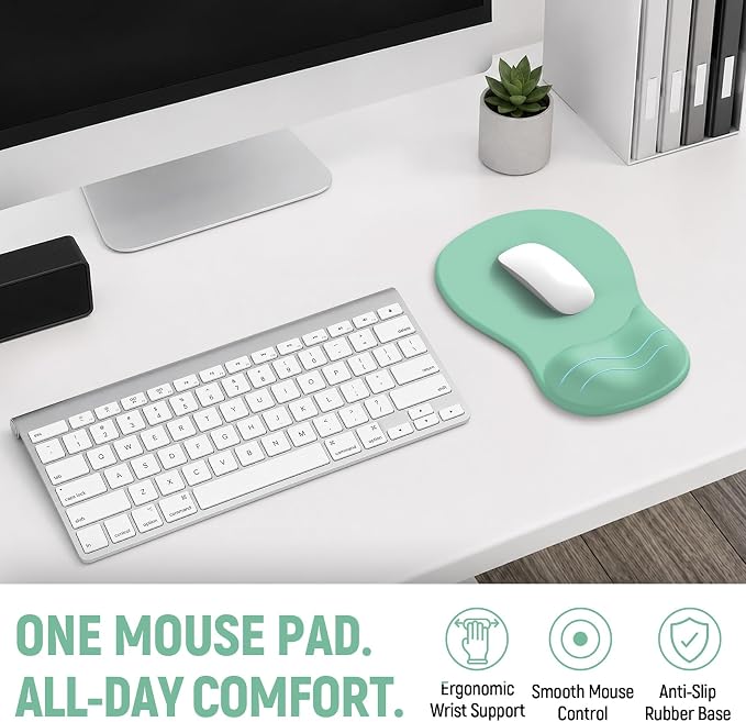 Ergonomic Mouse Pad with Wrist Rest, Gel Wrist Support, Aquamarine | 10.2 x 7.6 in Mouse Pad with Smooth Fabric Surface and Non-Slip Rubber Base for Office, Home, Study, and Gaming