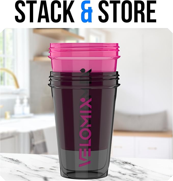 VELOMIX 2 Pack 20oz Protein Shaker Bottle for Protein Mixes, Black | 2x Wire Whisk, Leak Proof Shaker Cups for Protein Shakes, Stackable, Dishwasher safe, BPA free, Pre Workout and Fitness ready
