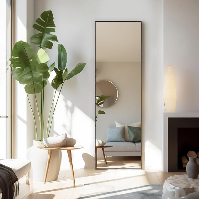 NEWBULIG 59"x16" Full Length Mirror, Full Body Standing Mirror, Black | Leaning or Standing, Tempered Glass, Aluminum Alloy Thin Frame Floor Stand for Bedroom, Cloakroom