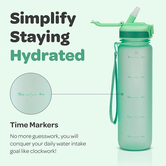 Hydracy Motivational Water Bottle with Time Marker and Straw Lid 32 oz | Leakproof,BPA Free,No Sweat Neoprene Sleeve,Carry Strap,Daily Intake Tracking for Fitness & Outdoors