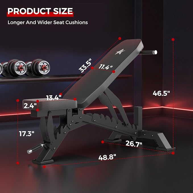 Weight Bench, Adjustable Workout Bench for Home Gym Full Body Workout, 1300LBS Weight Capacity Bench Press, Flat/Incline Bench with 33" Extra-Long Backrest & Wheels
