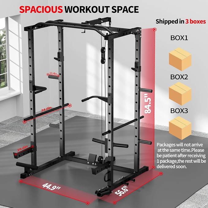 JEEKEE Power Rack with LAT Pulldown, 2000LBS Power Cage with Cable System, Multi-Function Squat Rack with J-Hooks, Safety Bars, Landmine, Pull Up Bar & Attachments for Home Gym Strength Training,Black