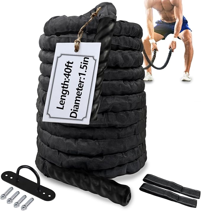 Battle Ropes Black Workout Rope 1.5 inch Battle Ropes for Home Gym 40ft Exercise Ropes for Working Out Heavy Ropes for Exercise Training Weighted Rope Weighted Workout Rope Battle Rope