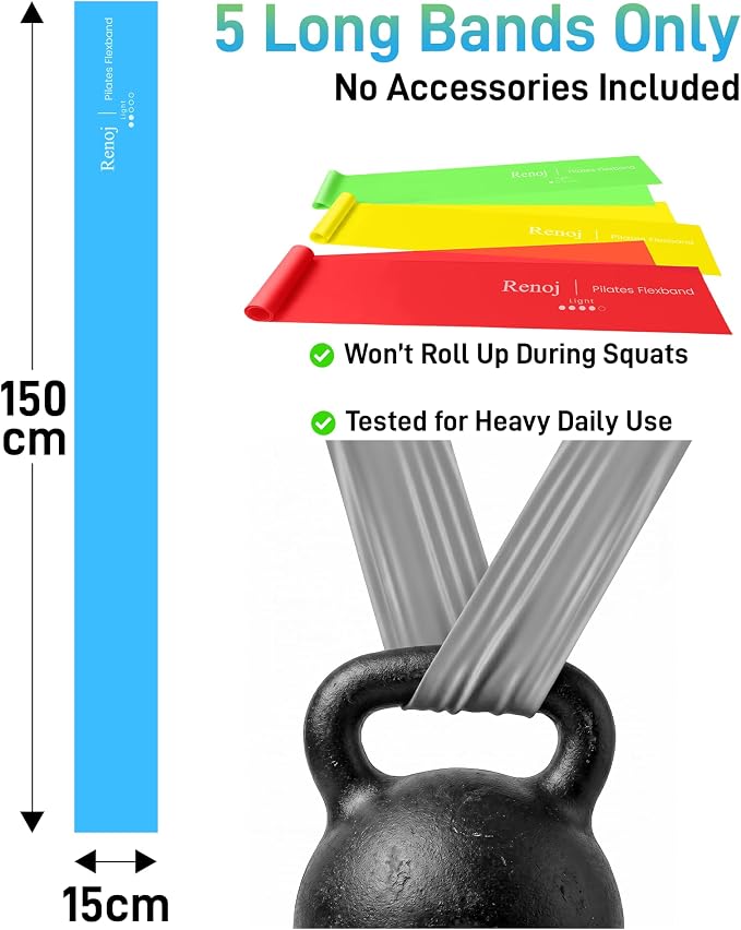 Renoj Pilates Flexbands, 5-Pack Latex-Free Resistance Bands Set – Exercise Bands for Pilates, Yoga, Stretching & Physical Therapy | Home Gym Equipment for Women & Men