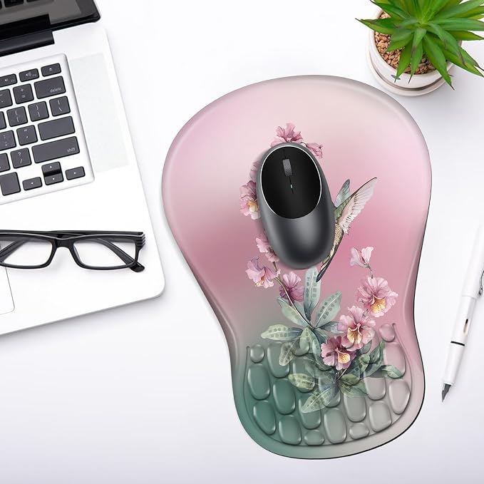 YIWEI Ergonomic Mouse Pad with Wrist Rest for Carpal Tunnel Pain Relief | Memory Foam Wrist Support,Non-Slip Rubber Base, Keyboard Computer Mousepad,Lycra Cloth Surface,Gaming Home Office,Hummingbird