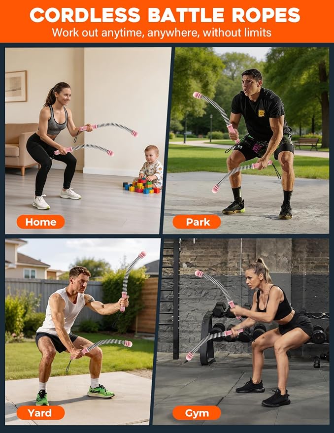 Cordless Battle Ropes 2 Pack Adjustable Weight Portable Ropeless Battle Ropes for Home Gym Full Body Workout with Non Slip Handle and Training Poster for HIIT Cardio Strength Training Men Women,Pink