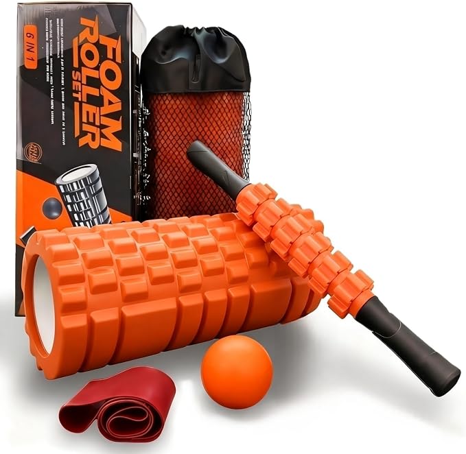 Aucuu 6 in 1 Foam Roller Set Includes Hollow Core Massage Roller, Yoga Stick, Massage Ball, Fitness Stretching Strap, Carrying Bag, Towel, Massage Roller (Orange)