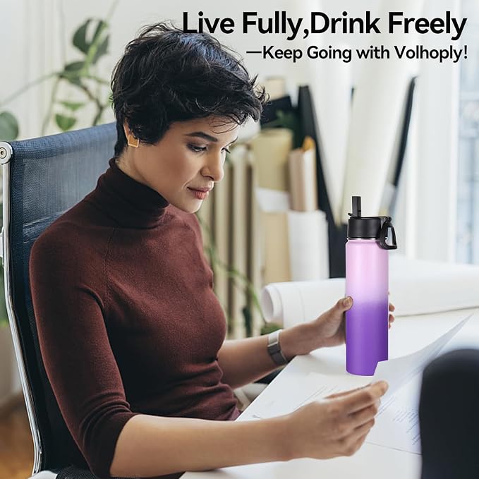 Volhoply 24oz Insulated Water Bottle With Straw Bulk 6 Pack,Metal Wide Mouth Water Bottles With Handle Keep Cold,Reusable Double Wall Cups,Powder Coated Sport Bottle For Holder(Lavender,6 Count)