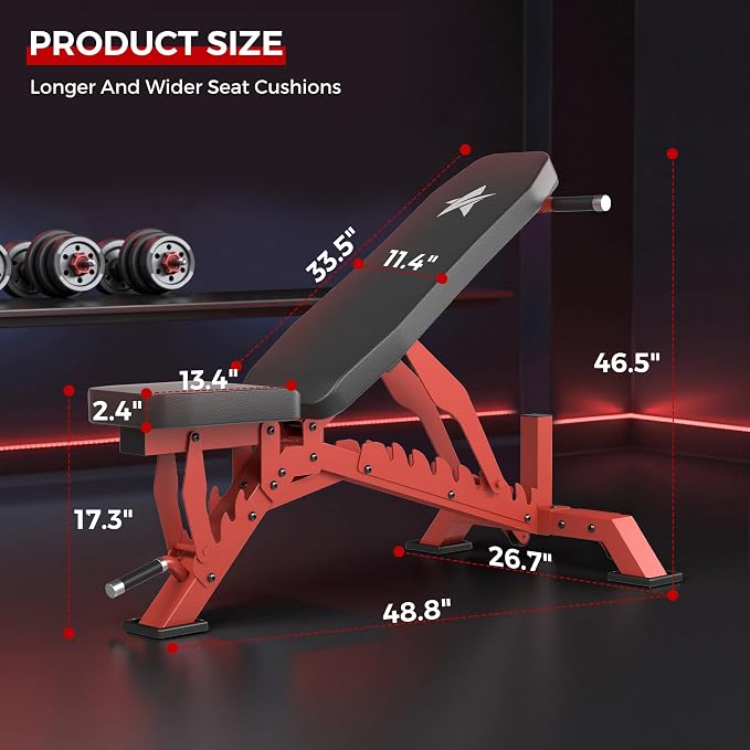 Weight Bench, Adjustable Workout Bench for Home Gym Full Body Workout, 1300LBS Weight Capacity Bench Press, Flat/Incline Bench with 33" Extra-Long Backrest & Wheels