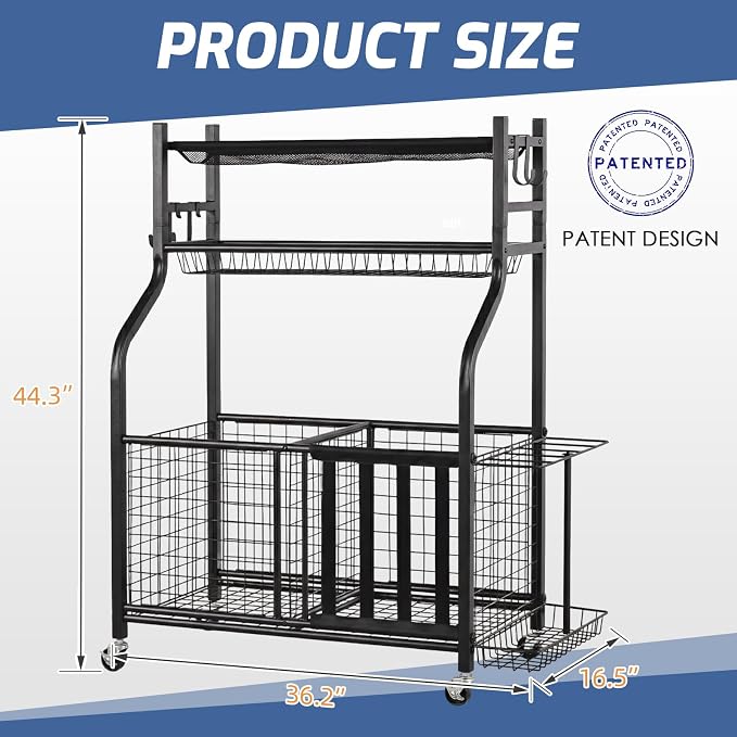 PLKOW Sports Equipment Storage for Garage, Indoor/Outdoor Sports Rack for Garage, Ball Storage Garage Organizer with Basket and Hooks,Toy/Sports Gear Storage