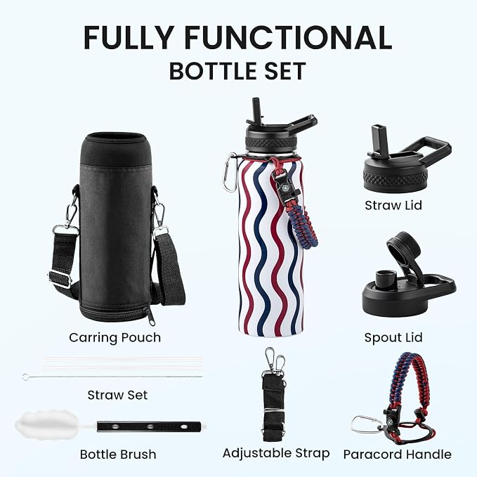 RAYMYLO Insulated Water Bottle 40 oz, Triple Wall Vacuum Stainless Steel | (Cold for 36Hrs, Hot for 18Hrs), Leak Proof & Non-BPA, Modern Water Flask Jug with Paracord Handle & Straw Spout Lids