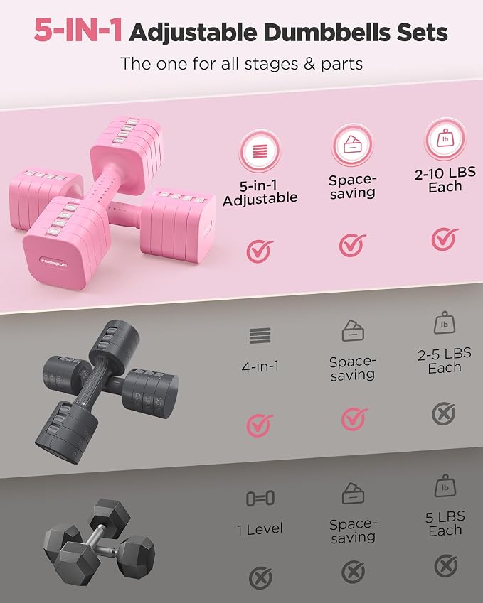 FEIERDUN DB3 5-in-1 Adjustable Dumbbell Set, 6LB/10LB Pair Adjustable Weights for Women at Home, Dual Locking Stable Hand Weights with TPU Soft Handle, Home Gym, Rehab, Pilates, Yoga, Strength Training
